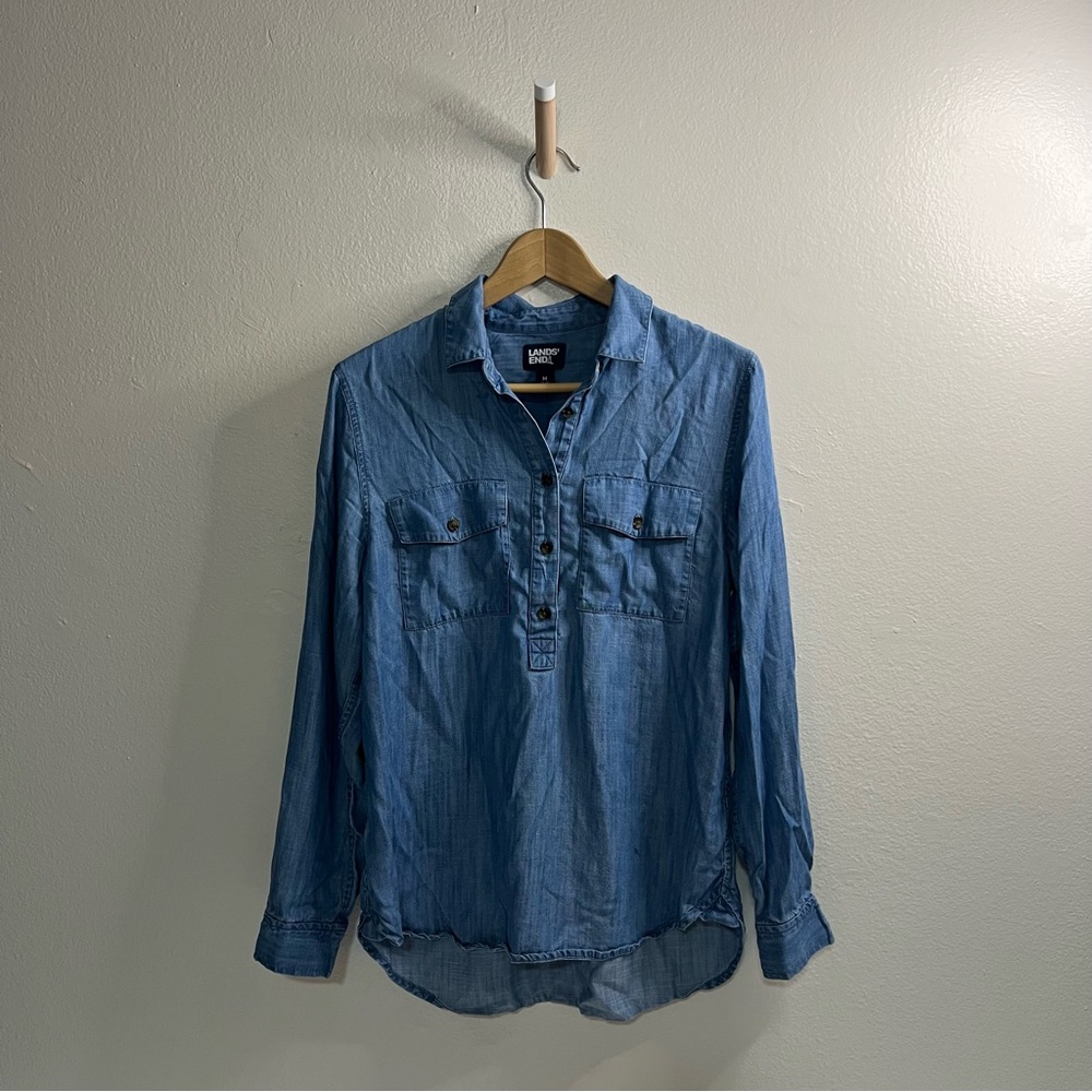 Women's‎ Lands End Shirt Med Blue LS Button Up Size M 100% Lyocell